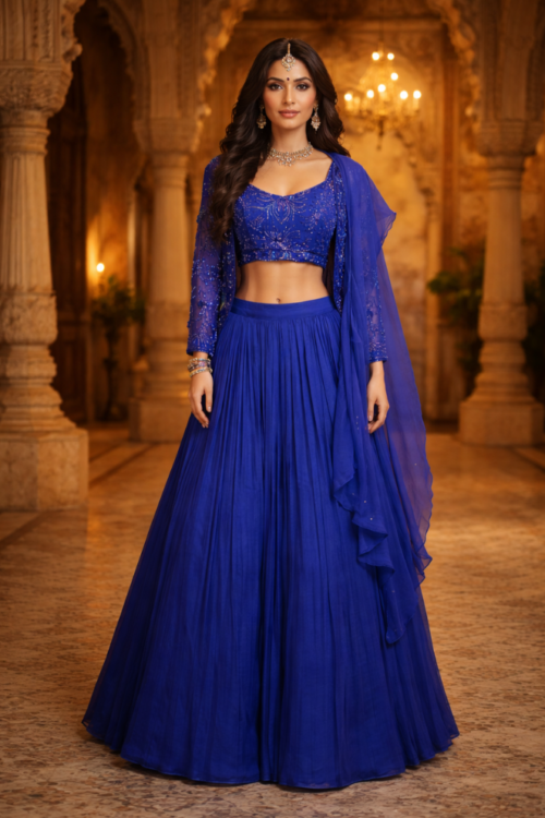 Royal Blue Draped Saree Style Skirt Set with Jacket