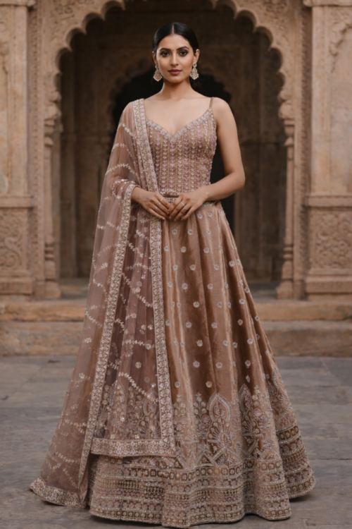 Coffee Micro Velvet Wedding & Engagement Lehenga with Handwork