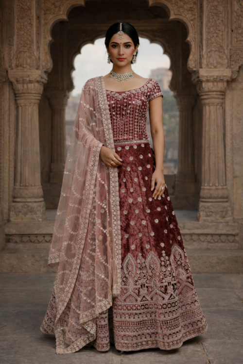 Maroon Micro Velvet Wedding & Engagement Lehenga with Handwork