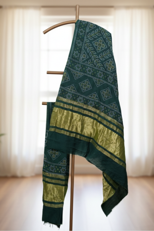 Green Bandhani Printed Silk Dupatta with Lagdi Patta Border