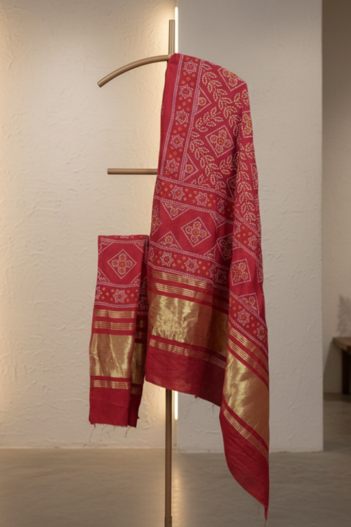 Red Bandhani Printed Silk Dupatta with Lagdi Patta Border