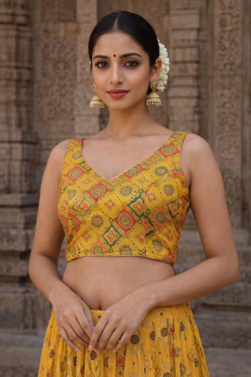 Yellow Brocade Blouse with V Neckline