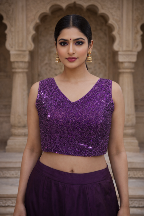 Purple Sequin Sleeveless Blouse with V Neckline