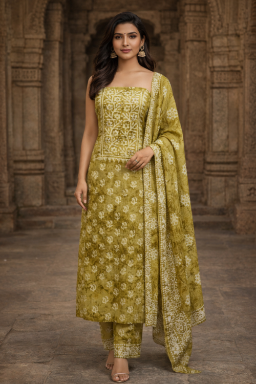 Olive Green Cotton Dress Material in Batik Print