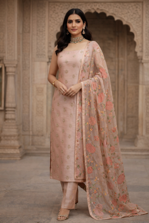 Brown Chanderi Silk Dress Material Set with Resham Work