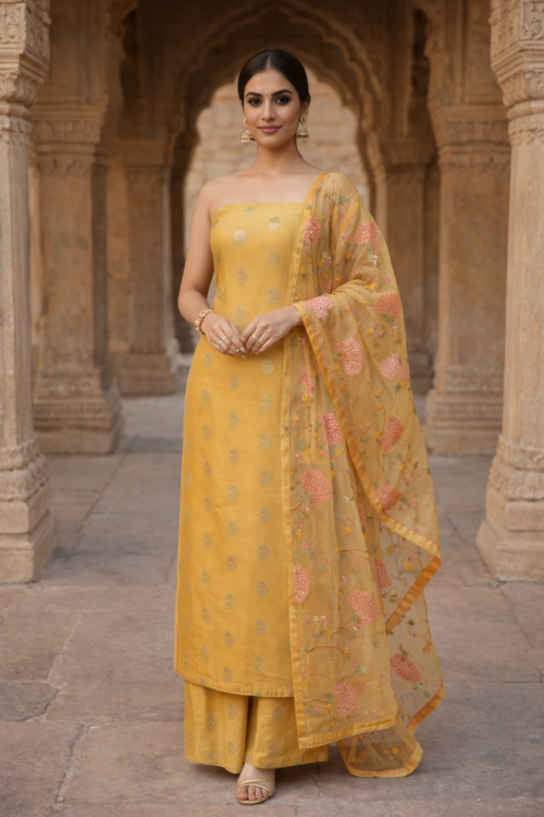 Mustard Chanderi Silk Dress Material Set with Resham Work