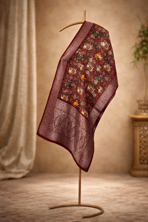 Maroon Multi-Color Patola Printed Dola Silk Dupatta