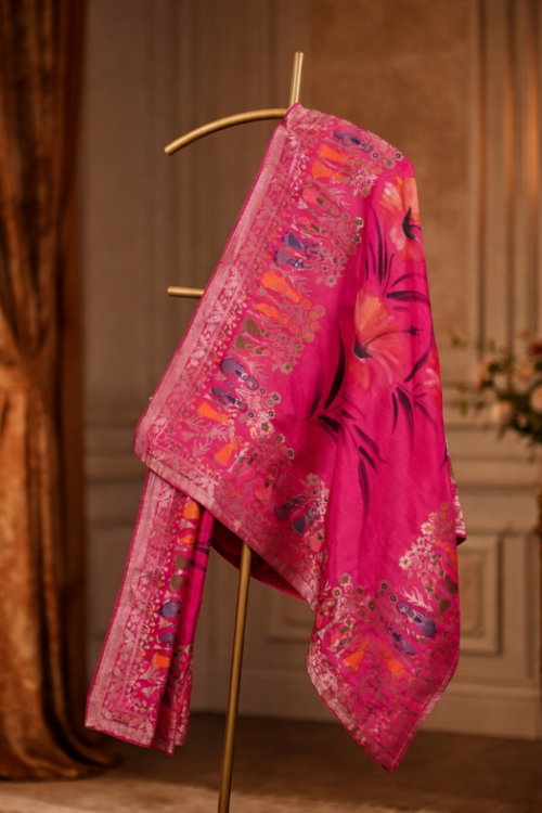 Rani Pink Dola Silk Floral Printed Dupatta