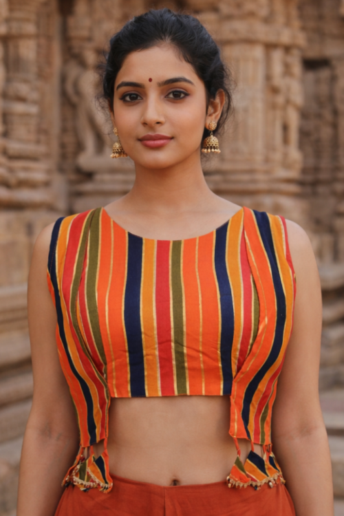 Orange Cotton Blouse with Multicolor Stripes