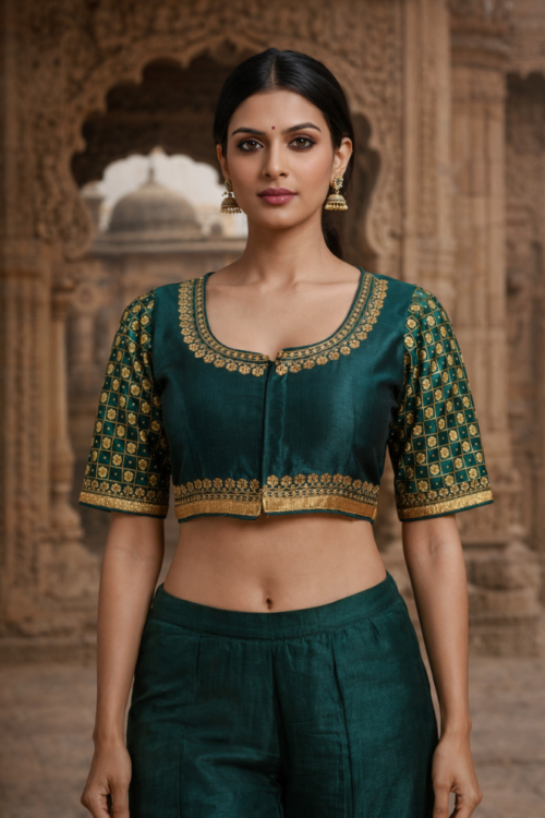 Green Silk Blouse with Golden Dori Work