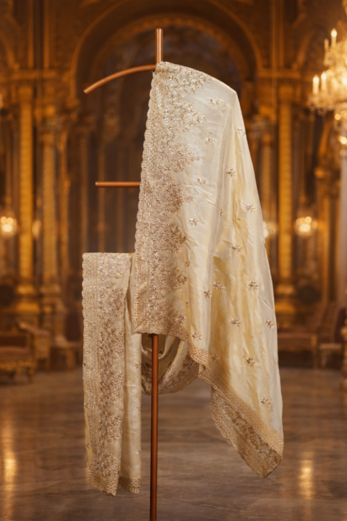 Beige Tissue Dupatta with Golden Embroidery