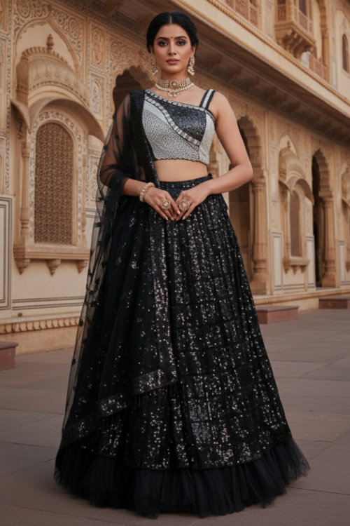 Black Net Skirt Set with Heavy Work Blouse & Dupatta