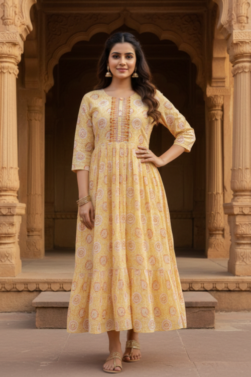 Yellow Cotton Printed Round Dress with Embroidered Yoke