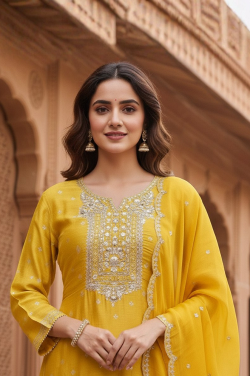 Yellow Cosmo Handwork Straight Suit Set with Cutdana & Zardosi Embroidery