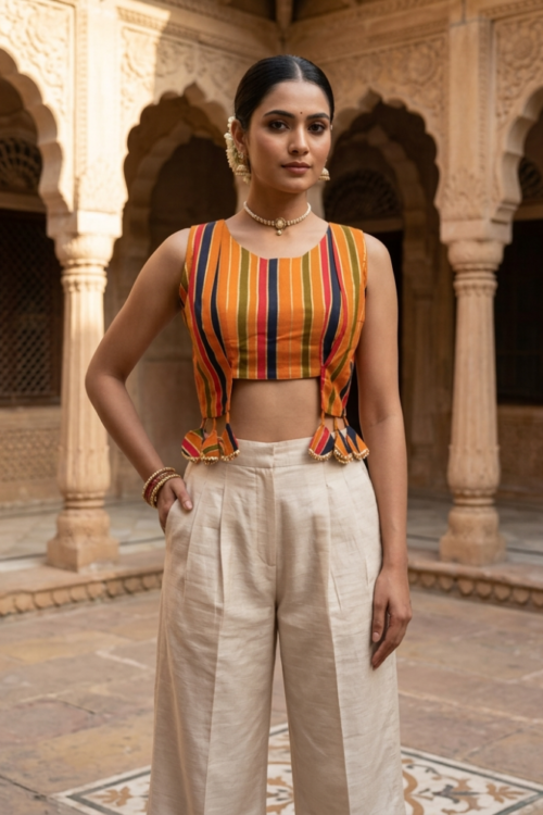 Yellow Cotton Blouse with Multicolor Stripes