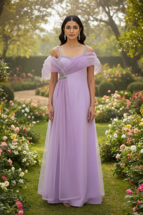 Lilac Organza Designer Gown with Draped Style