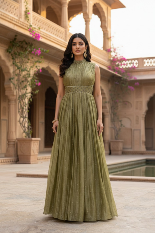 Mehendi Crush Tissue Gown with Halter Neck
