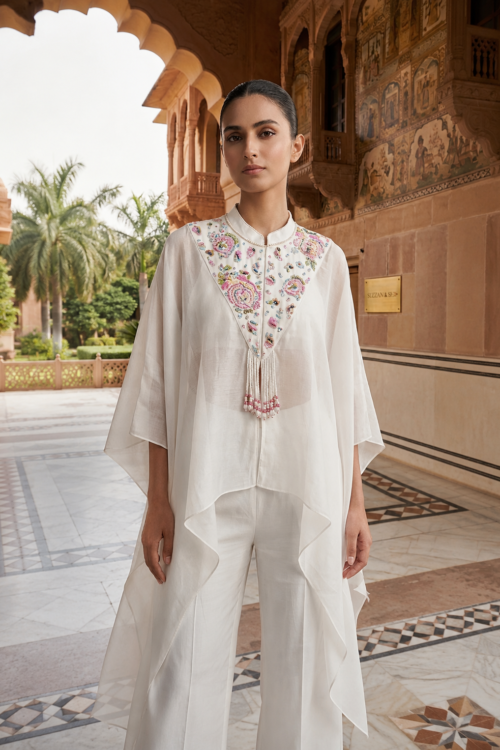 White Organza Indo Western Set with Palazzo