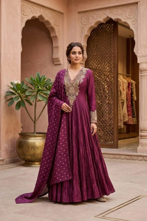 Wine Crush Tissue Gown with Dupatta