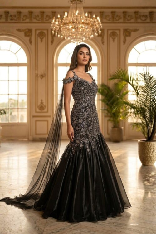 Black Organza Fish Cut Gown with Draped Shoulder Detail