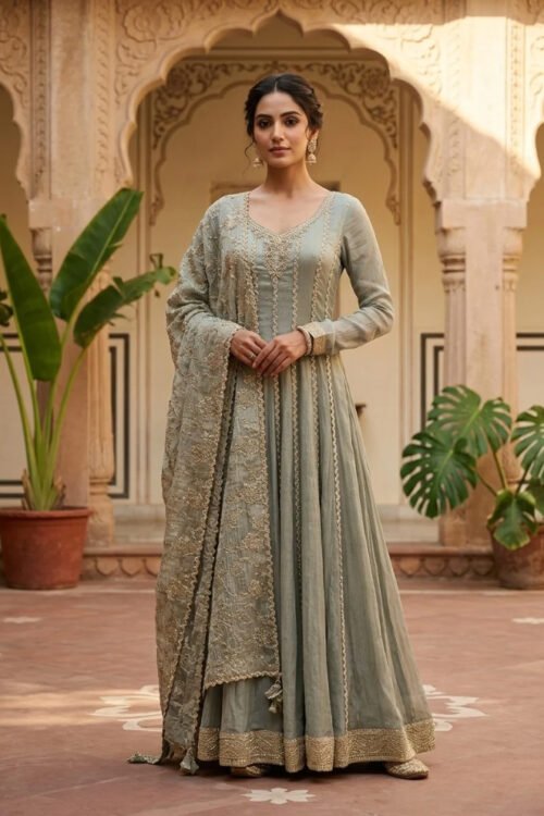 Pista Tissue Gown with Heavy Work Dupatta