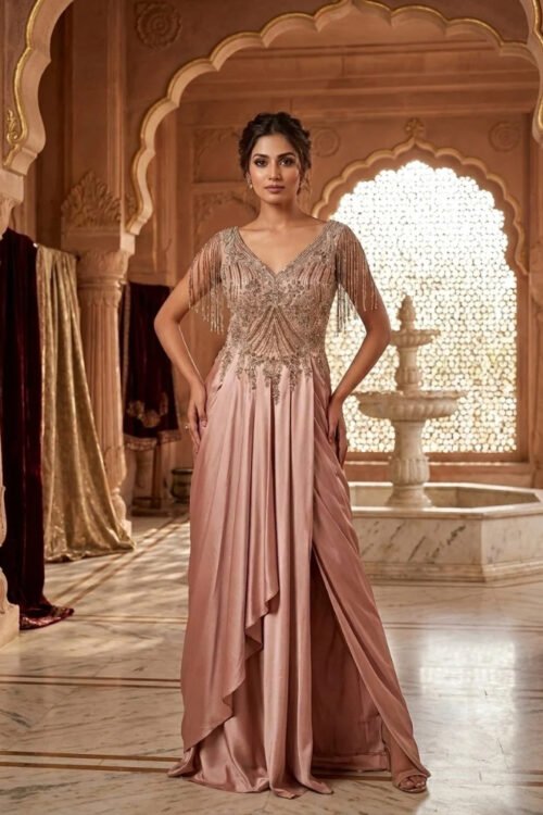 Peach Satin Pleated Gown with Handwork Detai