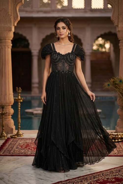 Black Gown with Sweetheart Neck with Handwork