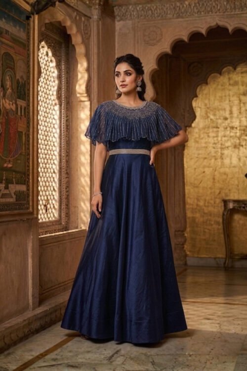 Navy Blue Silk Gown with Detachable Handwork Cape
