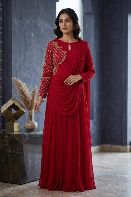 Red Georgette Gown with Draped Dupatta