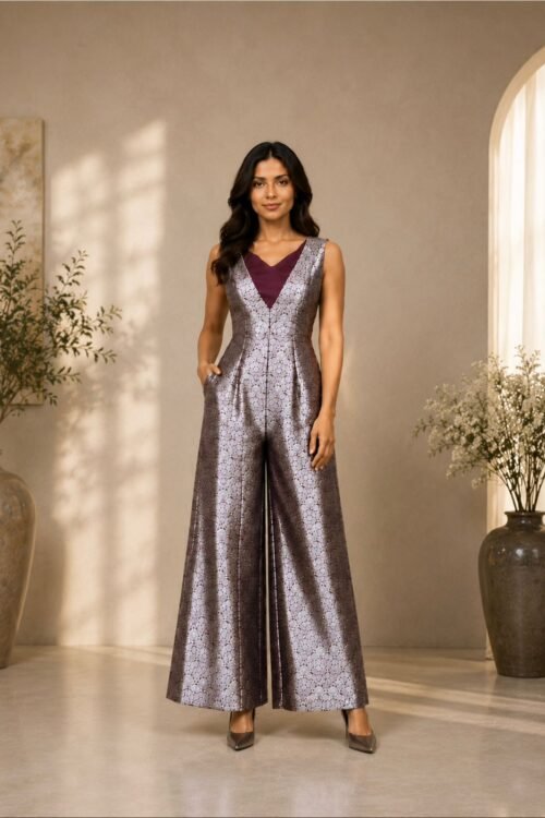 Wine Purple Designer Jacquard Jumpsuit