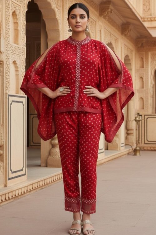 Red Gaji Silk Co-ord Set in Bandhej print with Beads work