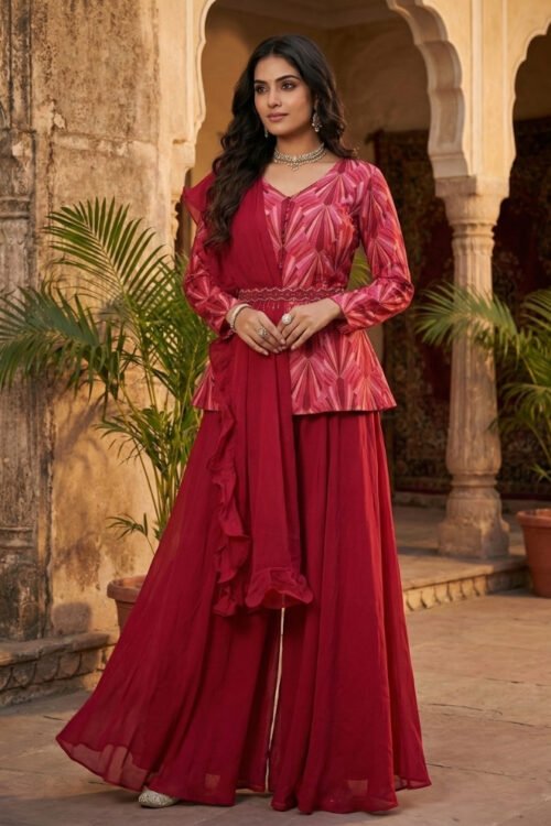 Rani Silk Indo Western Top with Flared Palazzo & Ruffled Dupatta