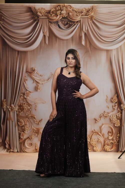 Purple Net Handwork Jumpsuit with Ruffle Dupatta