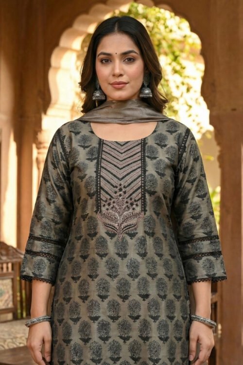 Grey Silk Printed Kurti Set with Georgette Dupatta  – Festive Wear