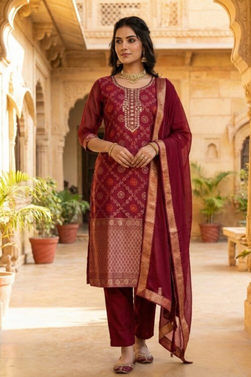 Maroon Banarasi Silk Kurti Set with Pant & Dupatta