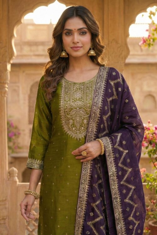 Mahendi Green Silk Straight Suit Set with Embroidery