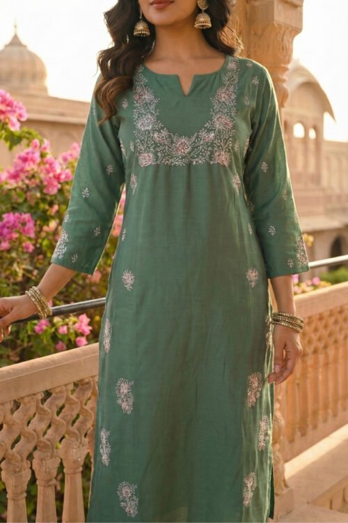 Green Silk Embroidered Suit with Pant & Dupatta