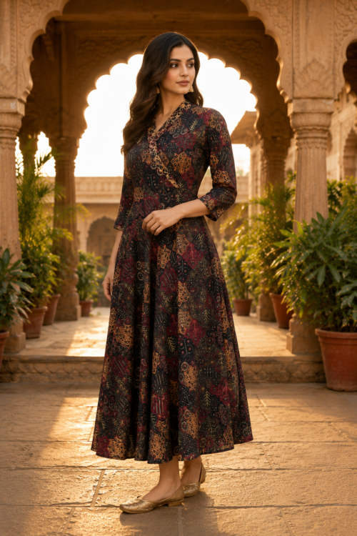 Printed Black Cotton Angarkha A-Line Dress