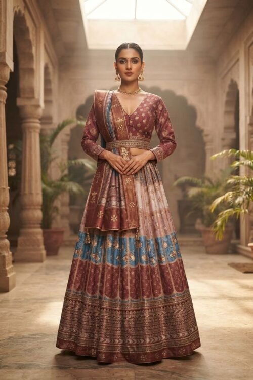 Brown Printed Lehenga with Designer Blouse & Dupatta