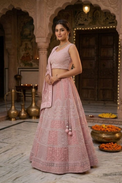 Onion Pink Net Embroidered Lehenga
