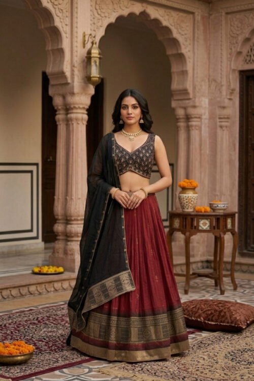 Maroon Black Silk Lehenga with Embroidered Blouse