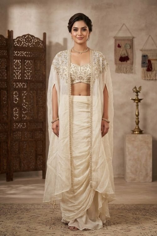 Ivory Georgette Indo Western Drape Skirt Set