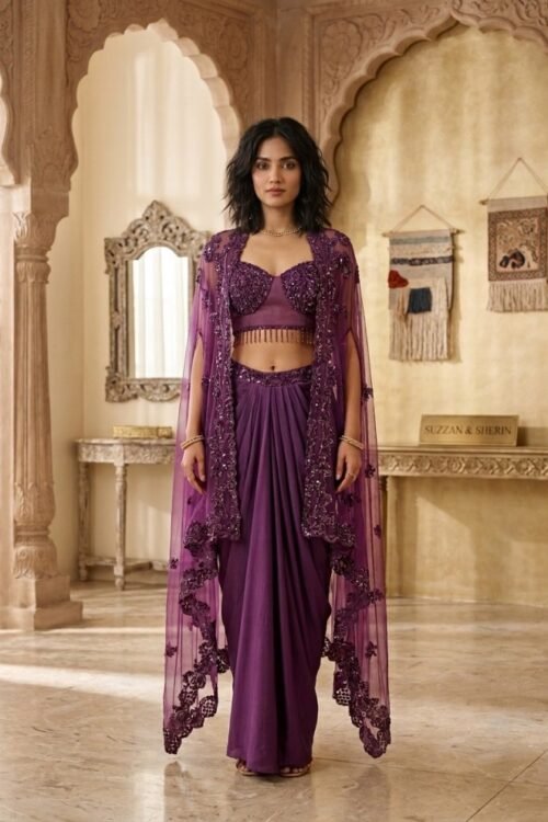Purple Satin Indo Western Drape Skirt Set