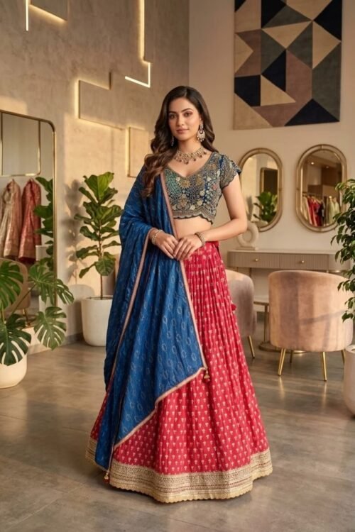Red Chiffon Lehenga with Blue Blouse & Dupatta