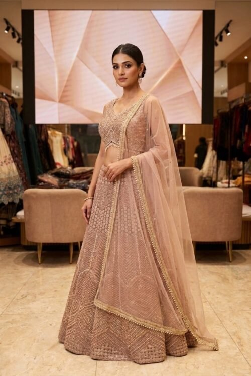 Dusty Brown Net Embroidered Lehenga