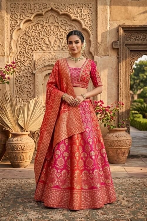 Rani Orange Banarasi Silk Lehenga