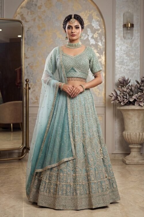 Sky Blue Embroidered Georgette Lehenga