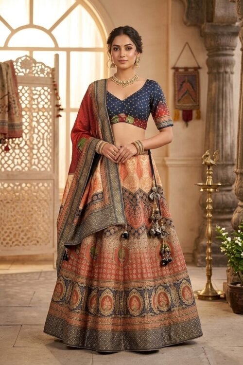 Blue Printed Silk Lehenga with Multicolor Dupatta