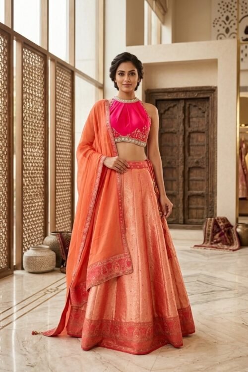 Carrot Banarasi Silk Lehenga with High Neck Blouse