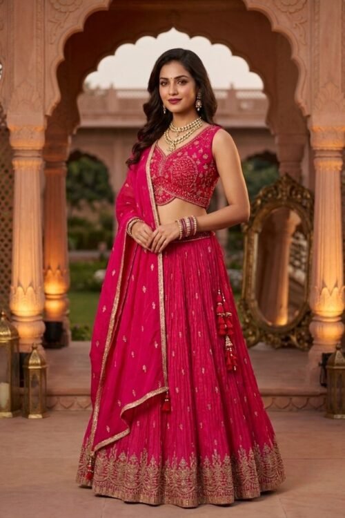 Rani Chiffon Lehenga with Designer Blouse & Dupatta